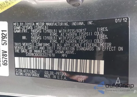 2012 Toyota Sienna Xle V6 8 Passenger из США, поврежденный, VIN 5TDYK3DC0CS221618